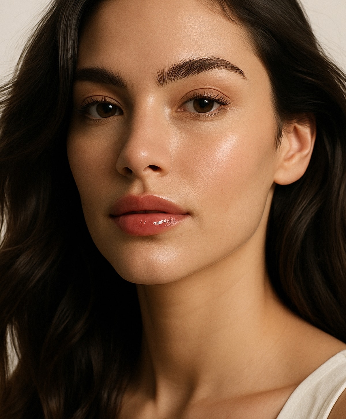 Young woman with natural beauty and glossy lips.