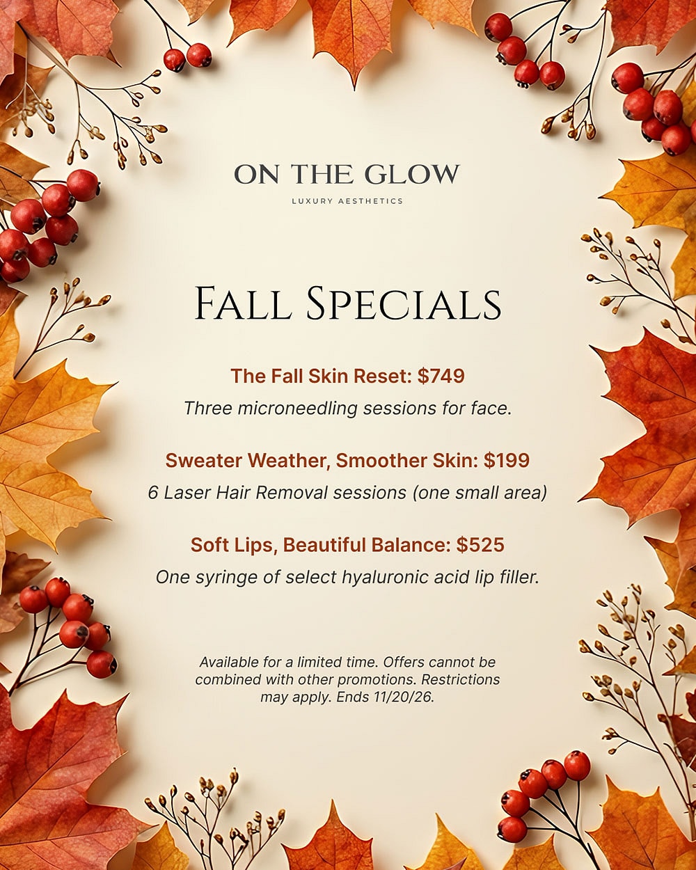 Fall aesthetic promotional flyer for skincare services.